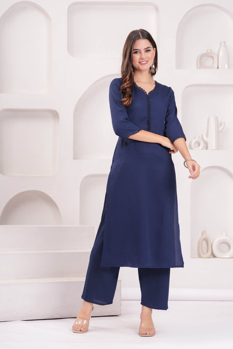 Navy Blue Solid Kurta Set With Printed Dupatta For Women