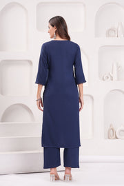 Navy Blue Solid Kurta Set With Printed Dupatta For Women