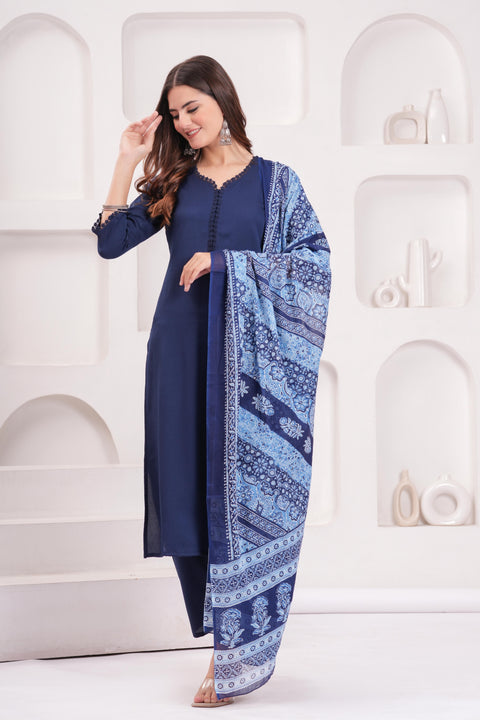 Navy Blue Solid Kurta Set With Printed Dupatta For Women