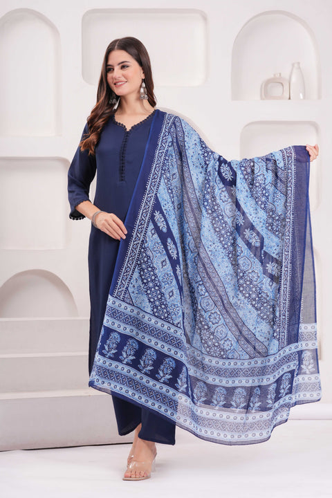 Navy Blue Solid Kurta Set With Printed Dupatta For Women