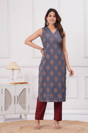 Women Grey Printed Straight Sleeveless Kurta