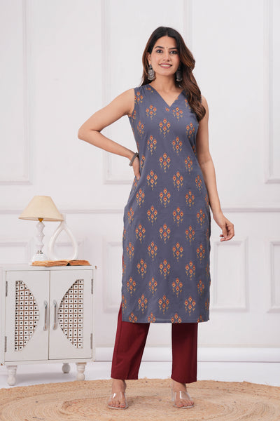 Women Grey Printed Straight Sleeveless Kurta