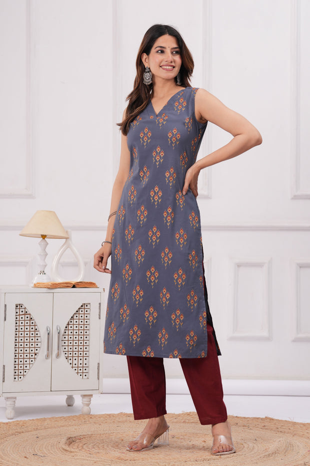 Women Grey Printed Straight Sleeveless Kurta
