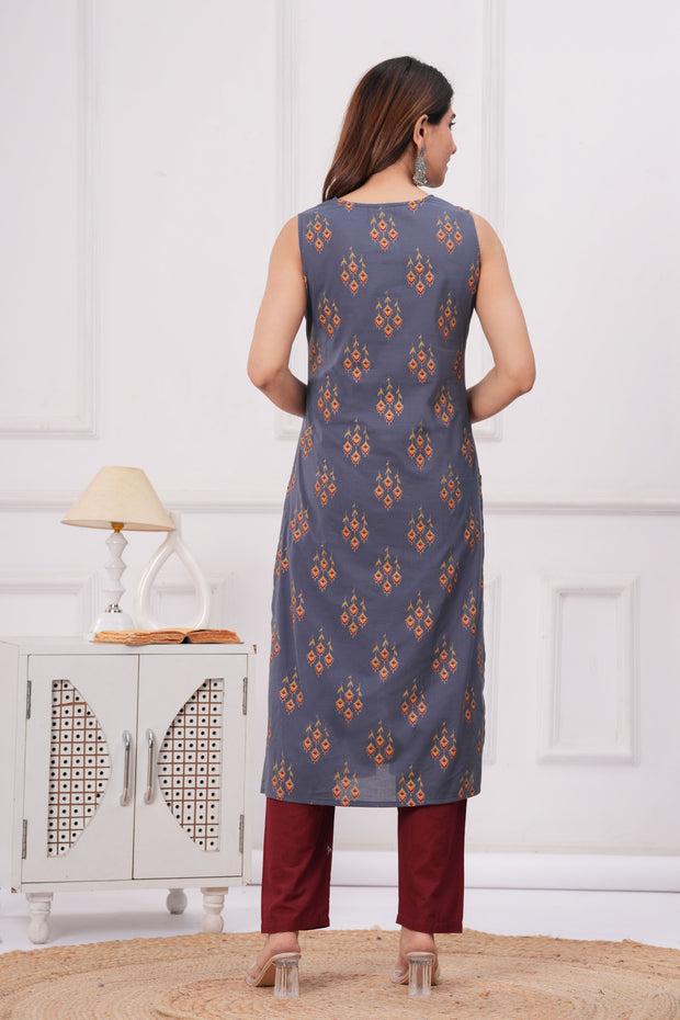 Women Grey Printed Straight Sleeveless Kurta