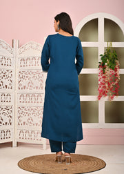 Teal Blue Solid Straight Kurta Set With Organza Dupatta for Women