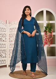 Teal Blue Solid Straight Kurta Set With Organza Dupatta for Women