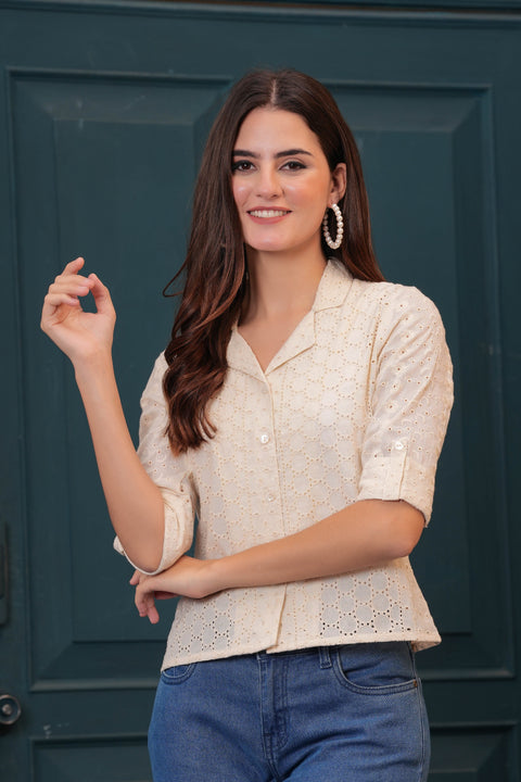 Women Off White Schiffli Cotton Straight Top