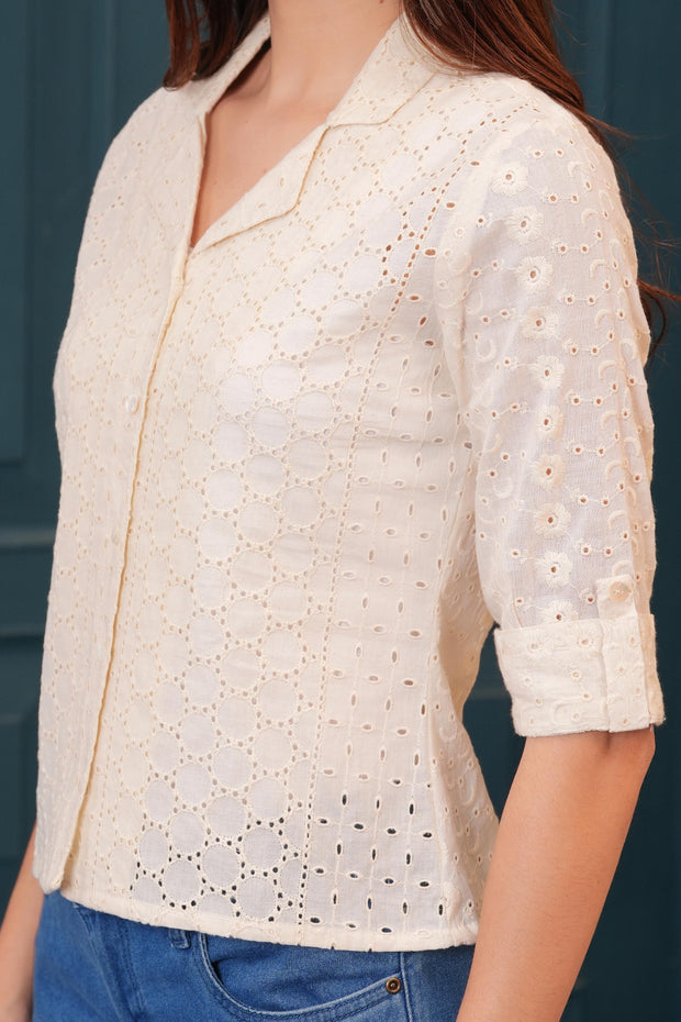 Women Off White Schiffli Cotton Straight Top