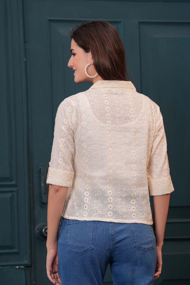 Women Off White Schiffli Cotton Straight Top