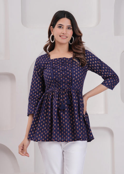 Women Navy Blue Printed Straight Top