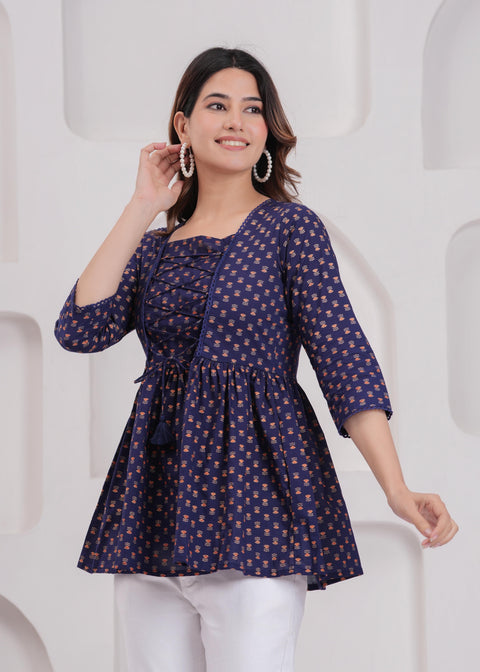 Women Navy Blue Printed Straight Top