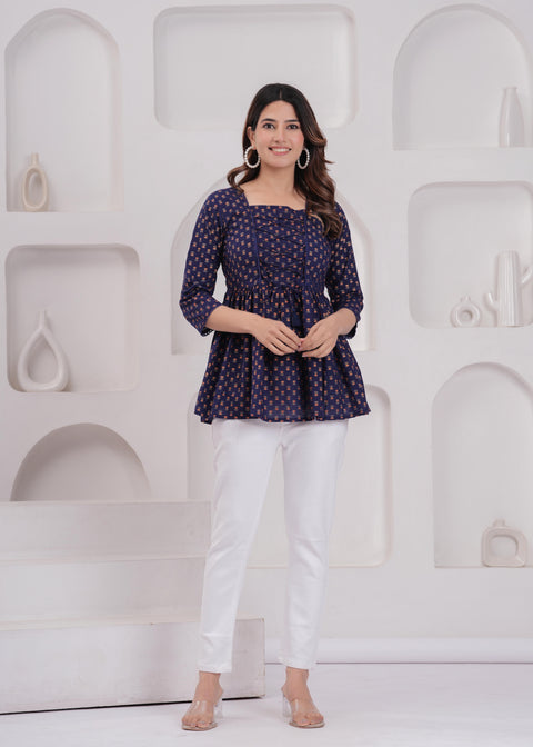 Women Navy Blue Printed Straight Top