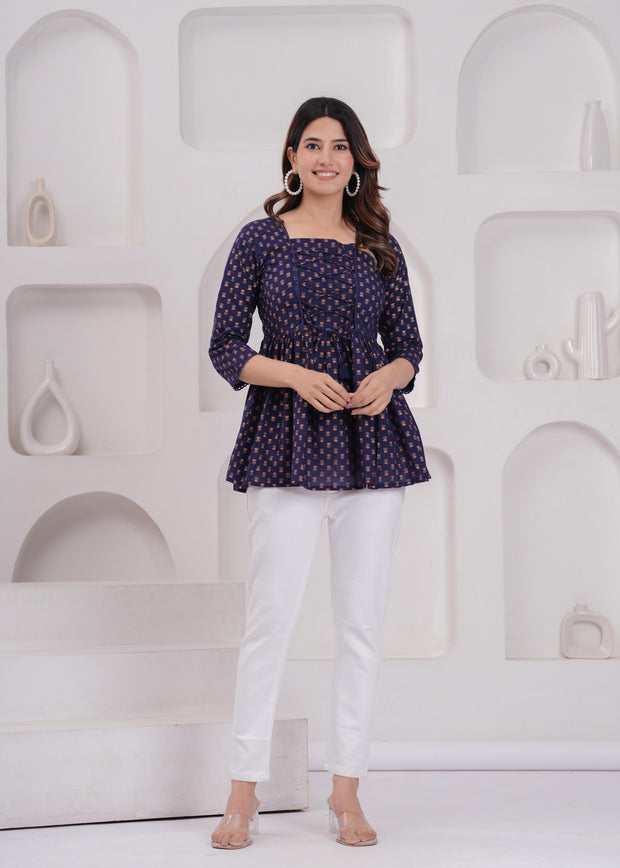 Women Navy Blue Printed Straight Top