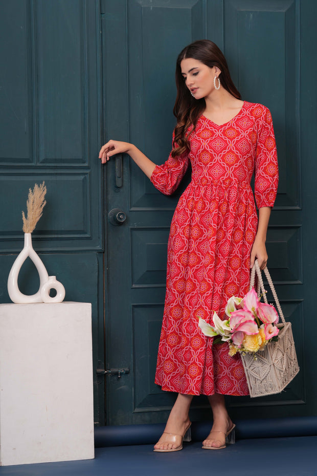Red Bandhani Printed Flared Dress for Women