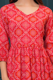 Red Bandhani Printed Flared Dress for Women