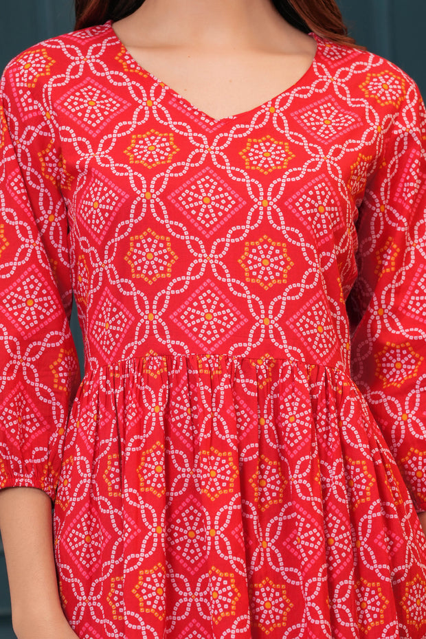 Red Bandhani Printed Flared Dress for Women