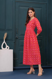 Red Bandhani Printed Flared Dress for Women
