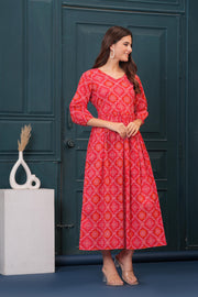 Red Bandhani Printed Flared Dress for Women