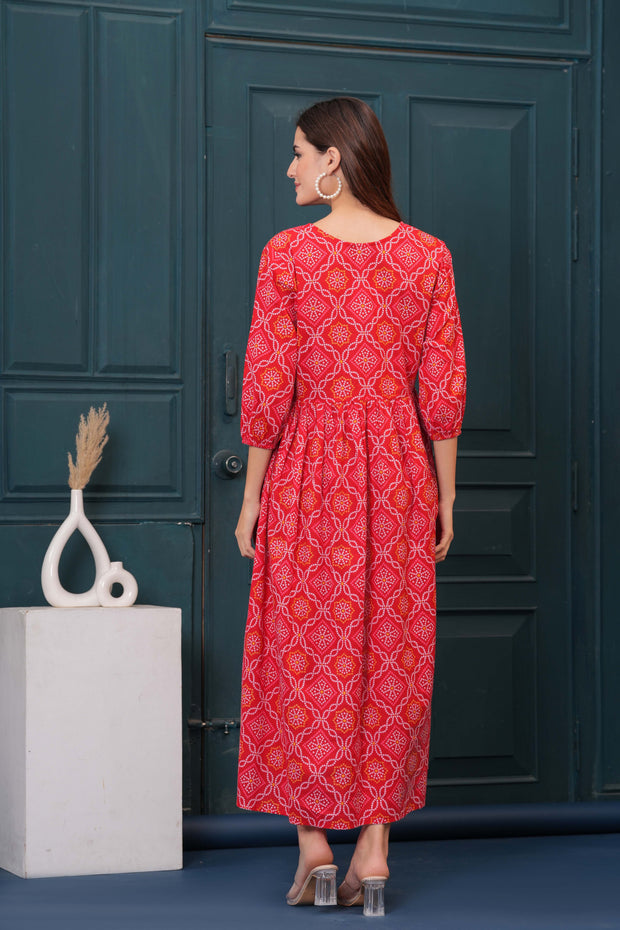 Red Bandhani Printed Flared Dress for Women