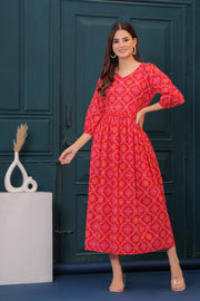 Red Bandhani Printed Flared Dress for Women