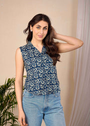 Women Blue Printed Straight Top
