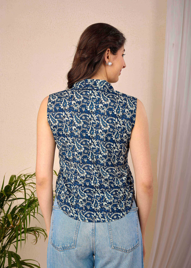 Women Blue Printed Straight Top