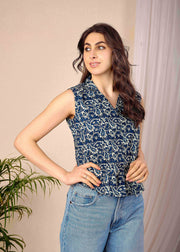 Women Blue Printed Straight Top