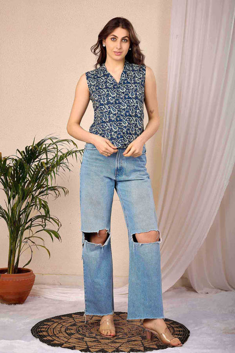 Women Blue Printed Straight Top