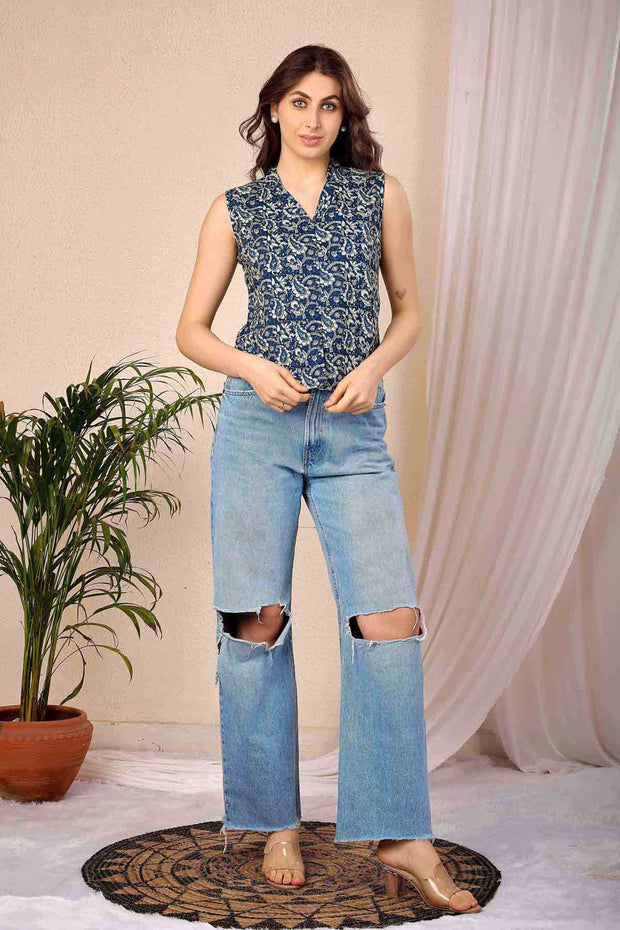 Women Blue Printed Straight Top