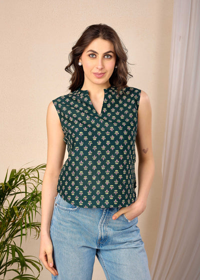 Women Green Printed Straight Top