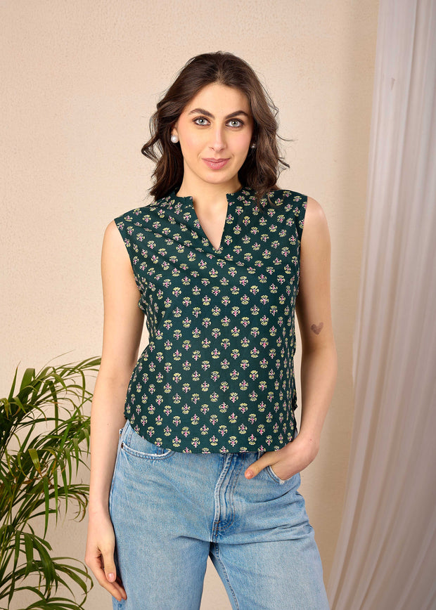 Women Green Printed Straight Top
