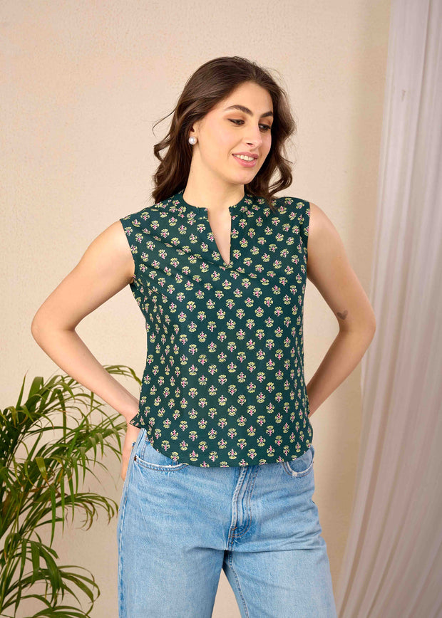 Women Green Printed Straight Top