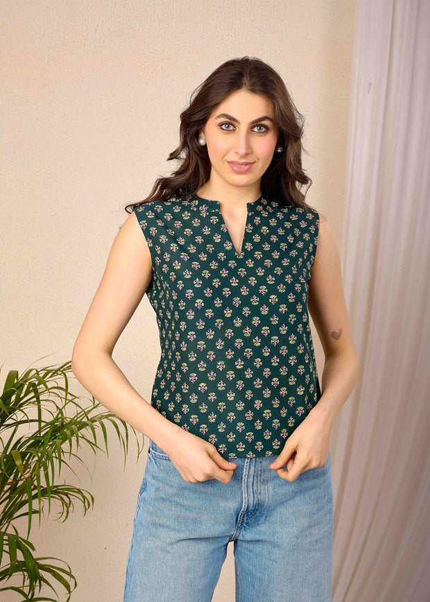 Women Green Printed Straight Top