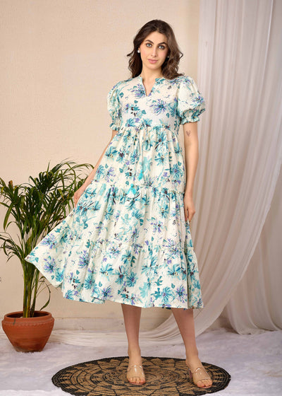 Off White Floral Printed Flared Dress for Women