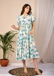 Off White Floral Printed Flared Dress for Women