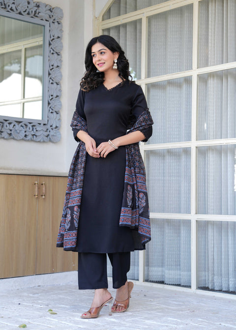 Black Straight Kurta Set With Printed Dupatta for Women