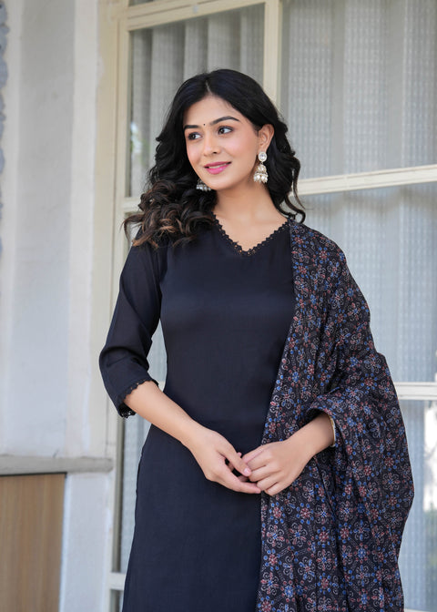 Black Straight Kurta Set With Printed Dupatta for Women