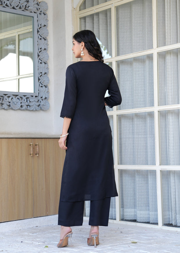 Black Straight Kurta Set With Printed Dupatta for Women