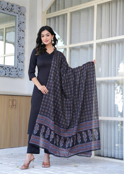 Black Straight Kurta Set With Printed Dupatta for Women