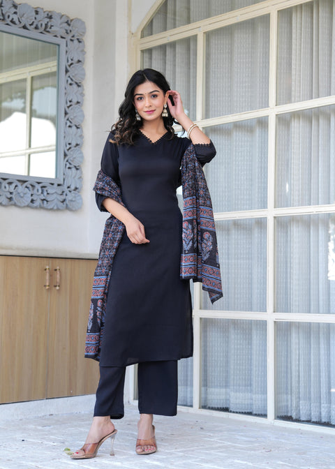 Black Straight Kurta Set With Printed Dupatta for Women
