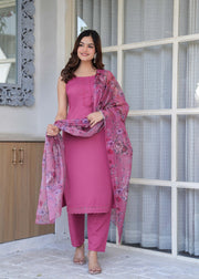Mauve Solid Straight Kurta Set With Printed Dupatta for Women
