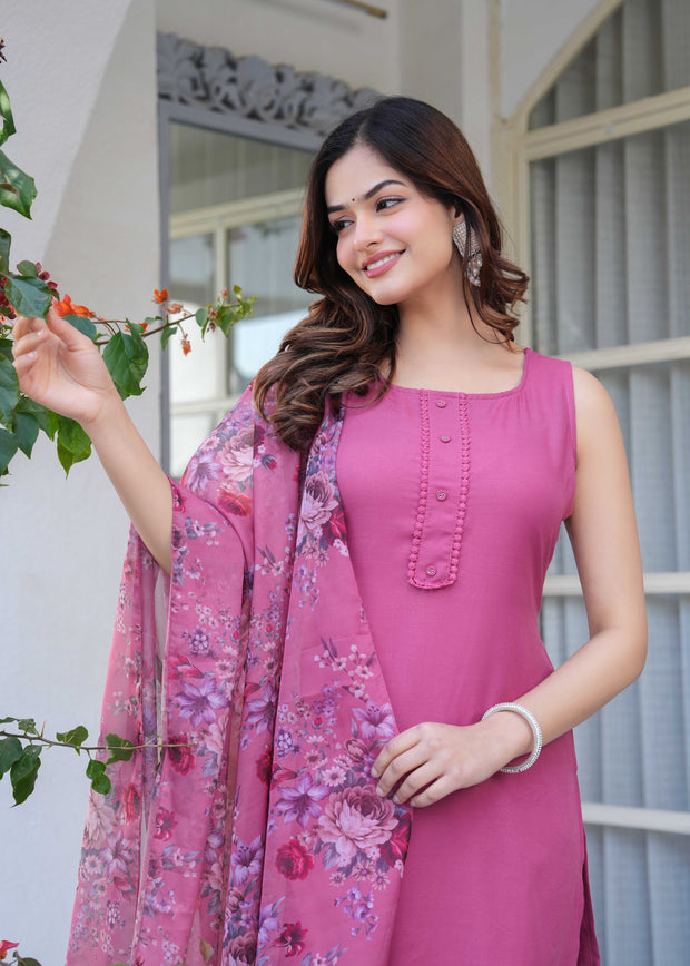 Mauve Solid Straight Kurta Set With Printed Dupatta for Women