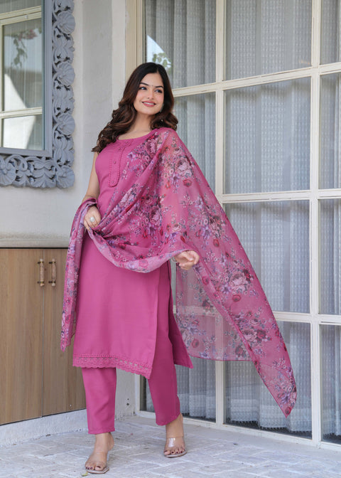 Mauve Solid Straight Kurta Set With Printed Dupatta for Women