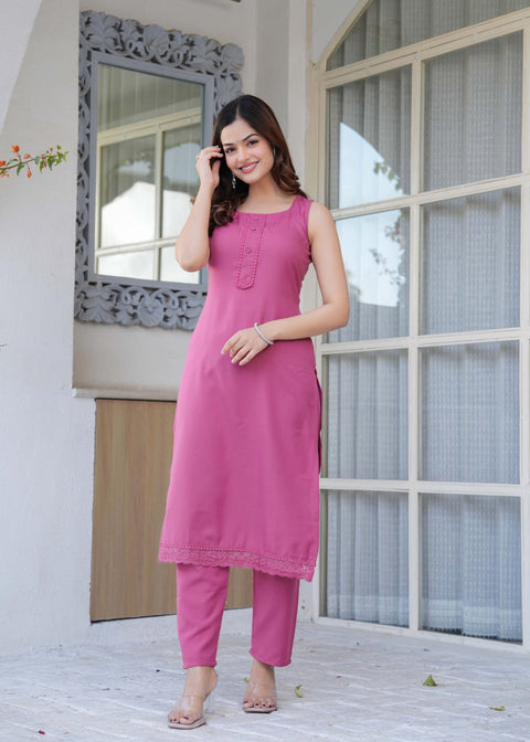 Mauve Solid Straight Kurta Set With Printed Dupatta for Women
