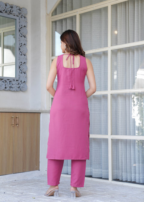 Mauve Solid Straight Kurta Set With Printed Dupatta for Women