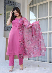 Mauve Solid Straight Kurta Set With Printed Dupatta for Women