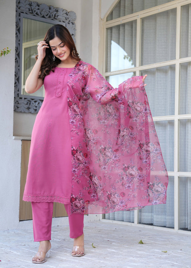 Mauve Solid Straight Kurta Set With Printed Dupatta for Women