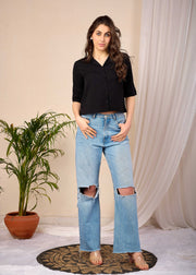 Women Black Straight Crop Top