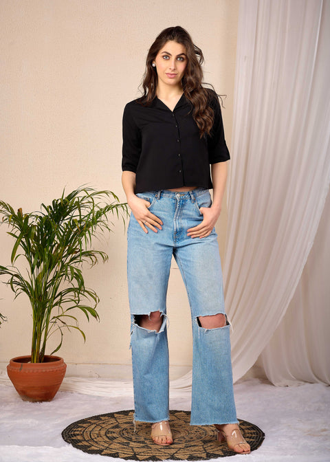 Women Black Straight Crop Top