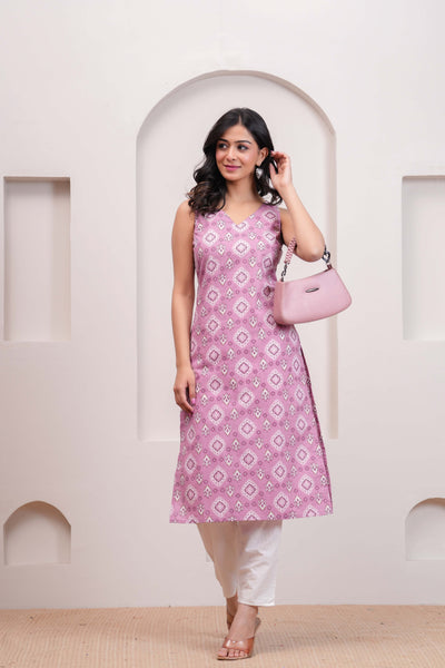 Mauve Printed Straight Sleeveless Kurta for Women